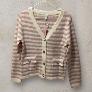Detailed Pearl Button Down Striped Sweater w/Pockets. NWT